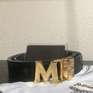 MCM Black Leather Belt with Gold Logo Buckle